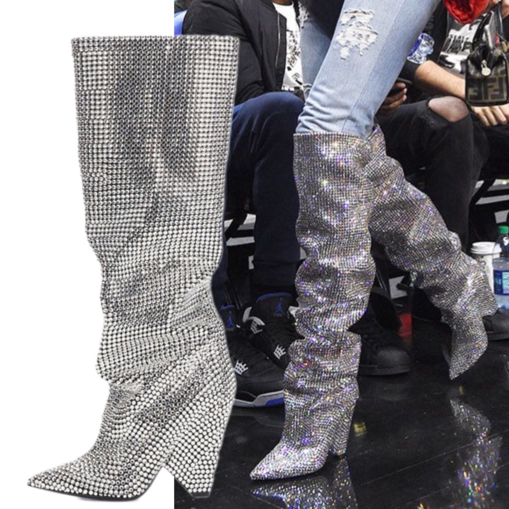 RHINESTONE EMBELLISHED CONE HEEL SLOUCHY BOOTS